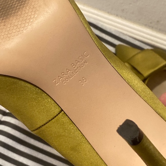 ZARA BASIC CHARTREUSE SATIN BOW HEELS SZ 36 SATEEN FORMAL WEDDING TUXEDO CHURCH - Picture 15 of 16